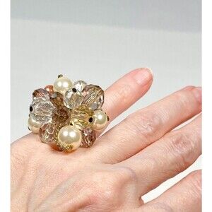 Bead Cluster Ring 5 Gold Tone Chunky Statement Faux Pearl Chain Unique Jewelry